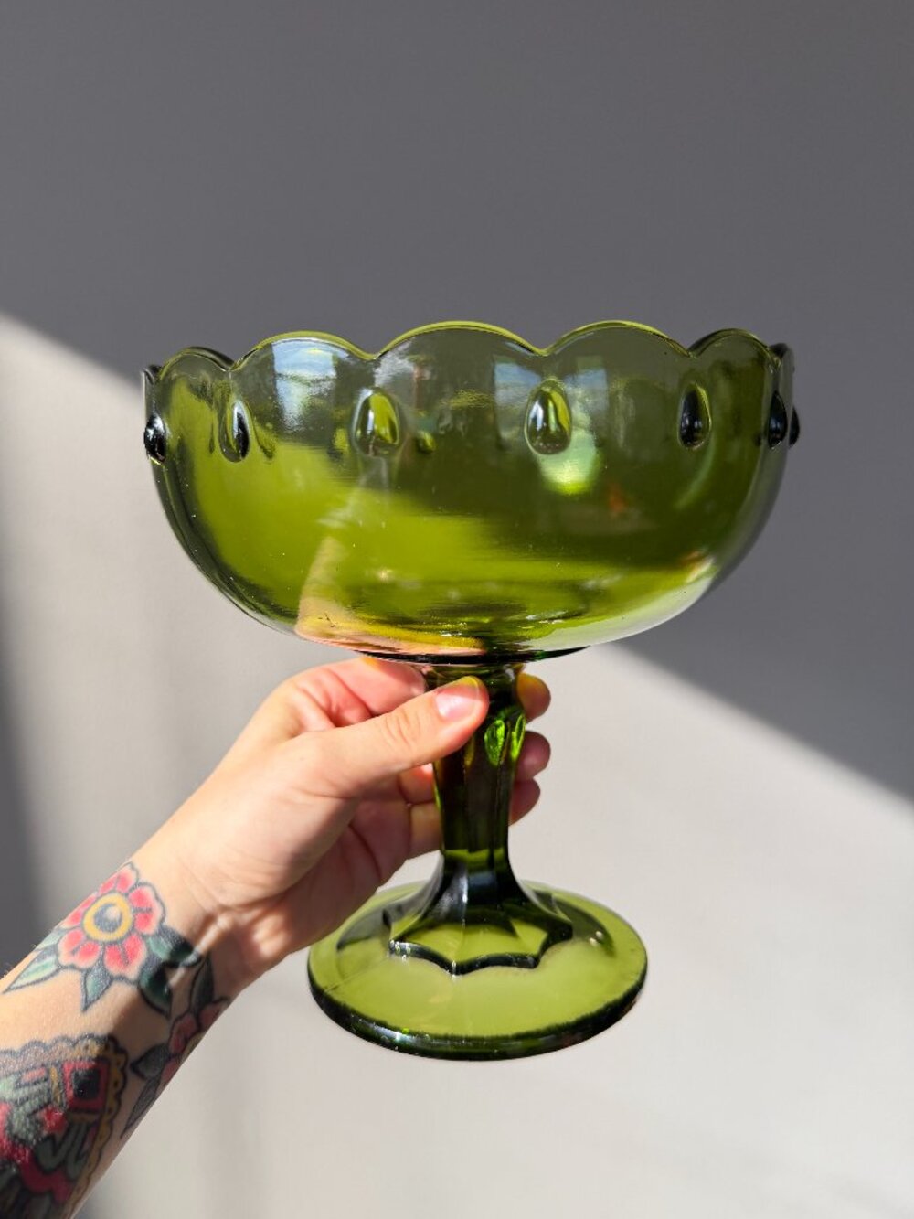 2/$40 🌸 Vintage Indiana Glass Teardrop Green Footed Compote